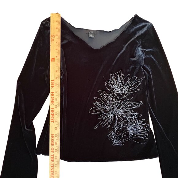 Black Velvet Floral Embroidered Sparkle Top Med Vintage Stretch Holiday Witchy - Picture 6 of 8